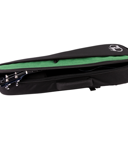 A black and green ukulele bag with a ukulele inside and 'Eddy Finn' branding