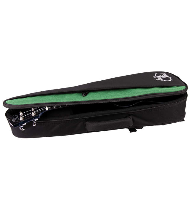 A black and green ukulele bag with a ukulele inside and 'Eddy Finn' branding
