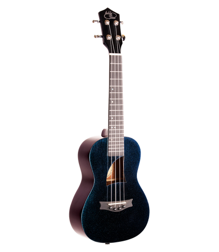 A ukulele with 'Eddy Finn' branding and a sparkle blue and purple finish