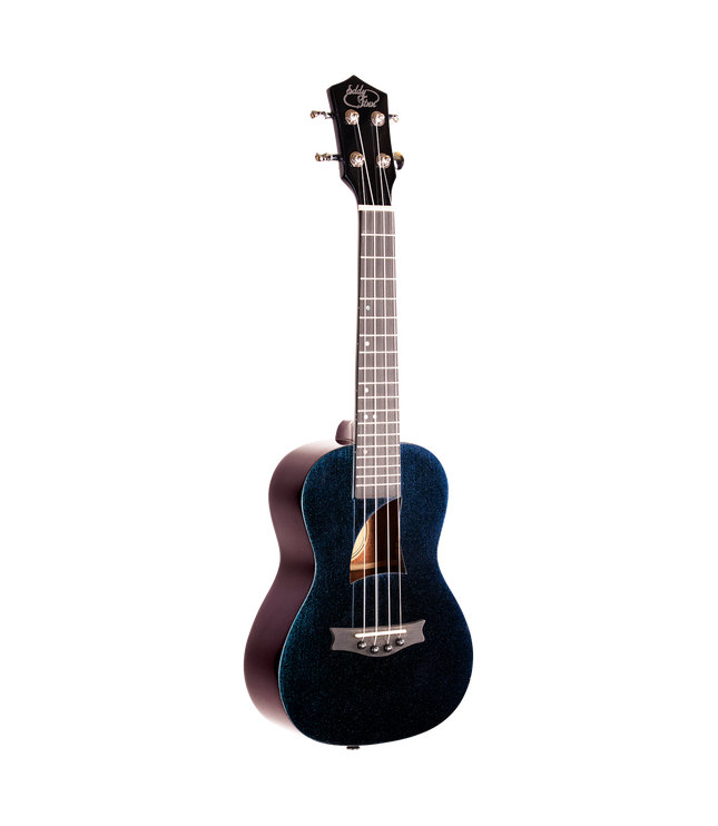 A ukulele with 'Eddy Finn' branding and a sparkle blue and purple finish