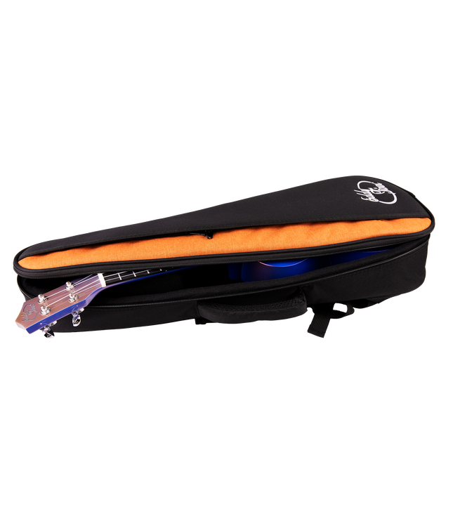 A ukulele inside a black and orange gig bag with Eddy Finn branding