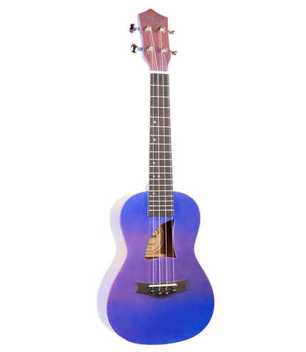 A concert ukulele with a purple and pink gradient finish and Eddy Finn branding