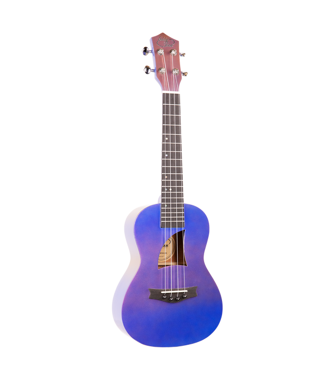 A concert ukulele with a purple and pink gradient finish and Eddy Finn branding