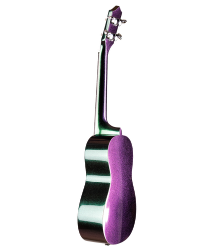 Back view of a purple and green ukulele