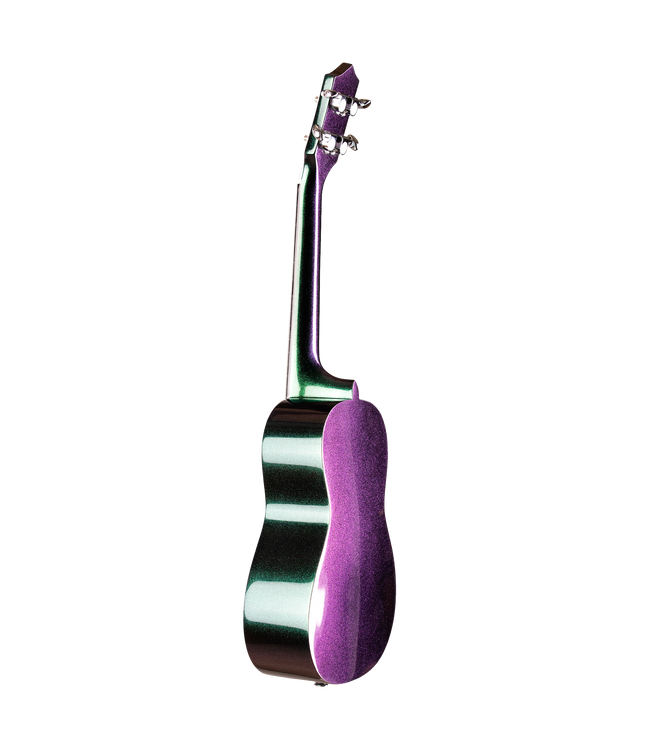 Back view of a purple and green ukulele