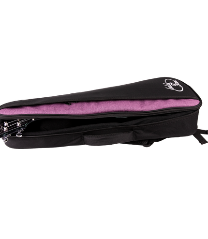 A black and purple ukulele bag with a ukulele inside and 'Eddy Finn' branding on the outside