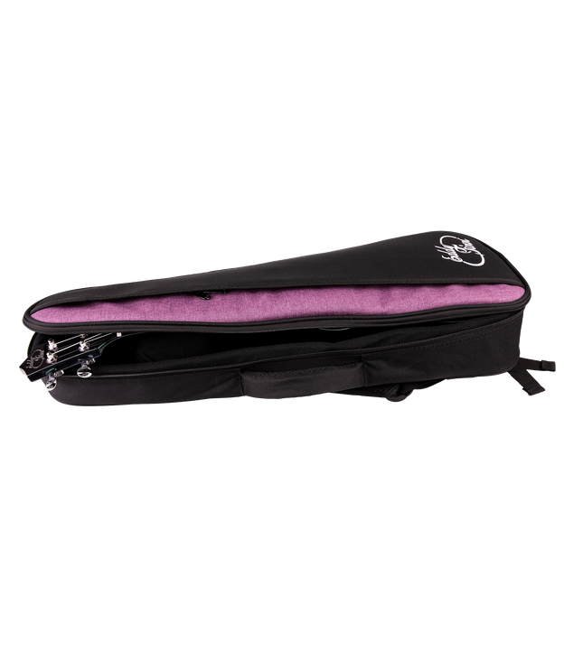 A black and purple ukulele bag with a ukulele inside and 'Eddy Finn' branding on the outside