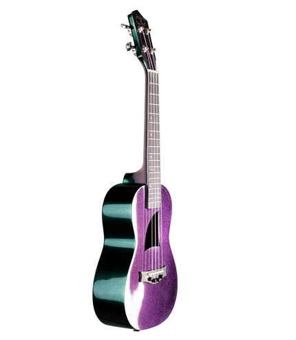 Side view of a purple and green ukulele with 'Eddy Finn' branding