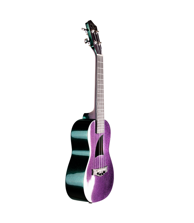 Side view of a purple and green ukulele with 'Eddy Finn' branding