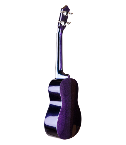 The backside of a blue and purple sparkle ukulele