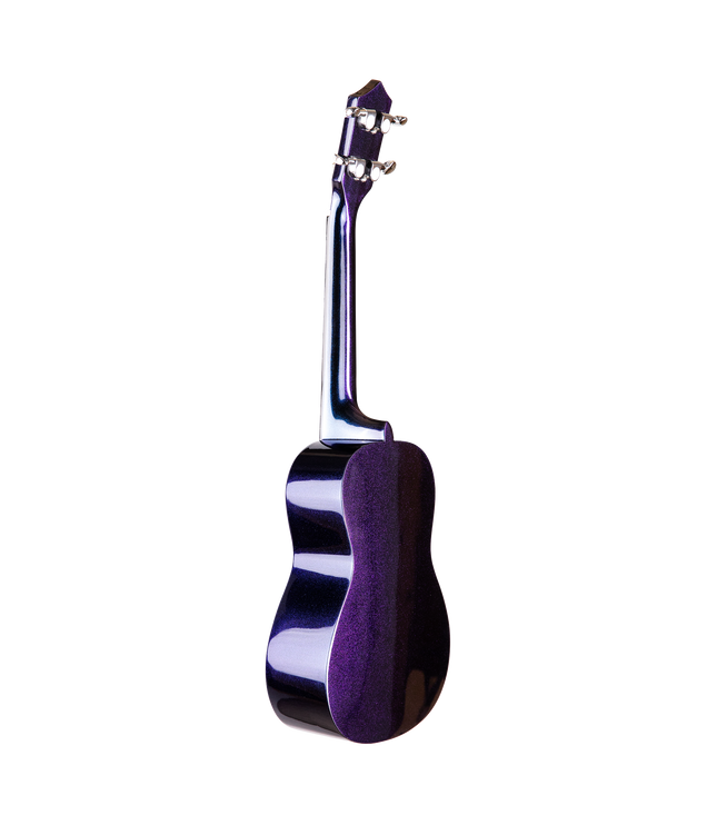 The backside of a blue and purple sparkle ukulele