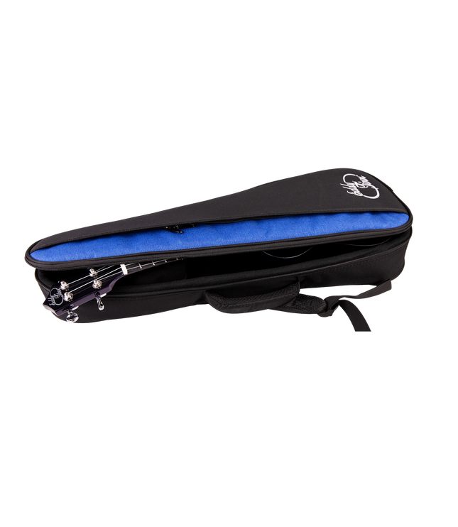 A ukulele inside a blue and black gig bag with Eddy Finn branding