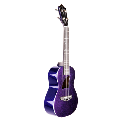 A blue and purple sparkle ukulele with Eddy Finn branding
