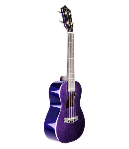 A blue and purple sparkle ukulele with Eddy Finn branding