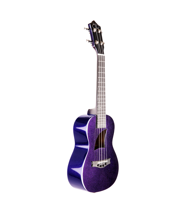 A blue and purple sparkle ukulele with Eddy Finn branding
