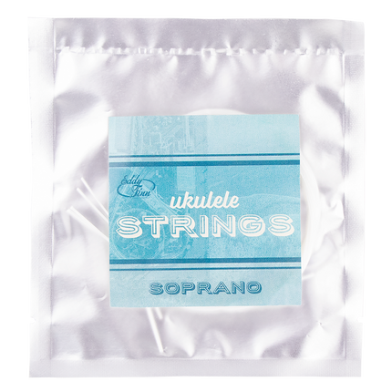 A clear package with soprano ukulele strings on a silver backing