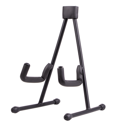 A black ukulele stand with rubber feet and padded cradle