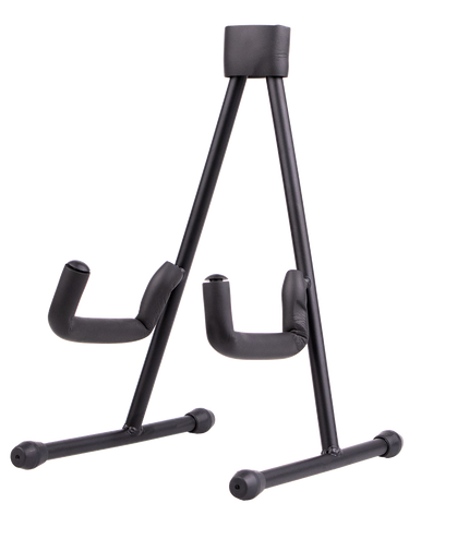 A black ukulele stand with rubber feet and padded cradle