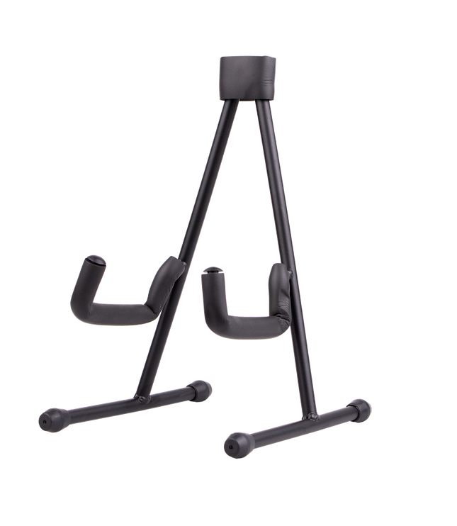 A black ukulele stand with rubber feet and padded cradle